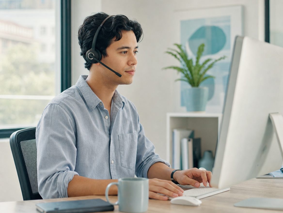 An operator workstation with a live call being handled